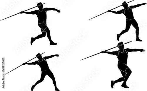 Man athlete throwing javelin side view black silhouette.

