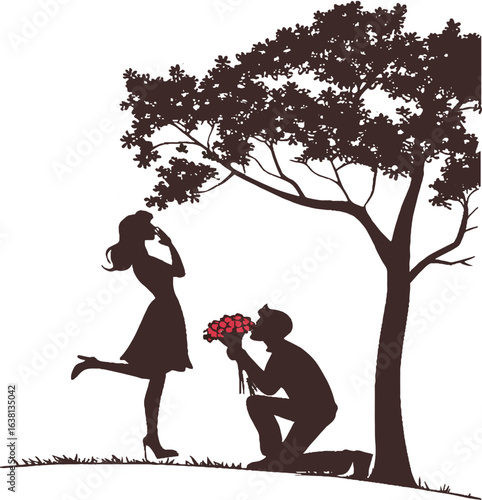 Man proposing to woman with flowers under a tree silhouette on white background proposal love