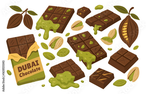 Dubai pistachio chocolate bars with cocoa pods and natural ingredients in artistic style for gourmet dessert menus, confectionery packaging, and premium food branding projects