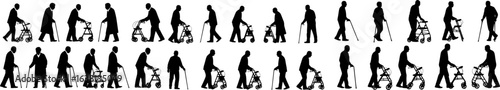 Elderly people using walking aid silhouette set collection. Senior pensioner people walking with walking aids vector silhouette.
