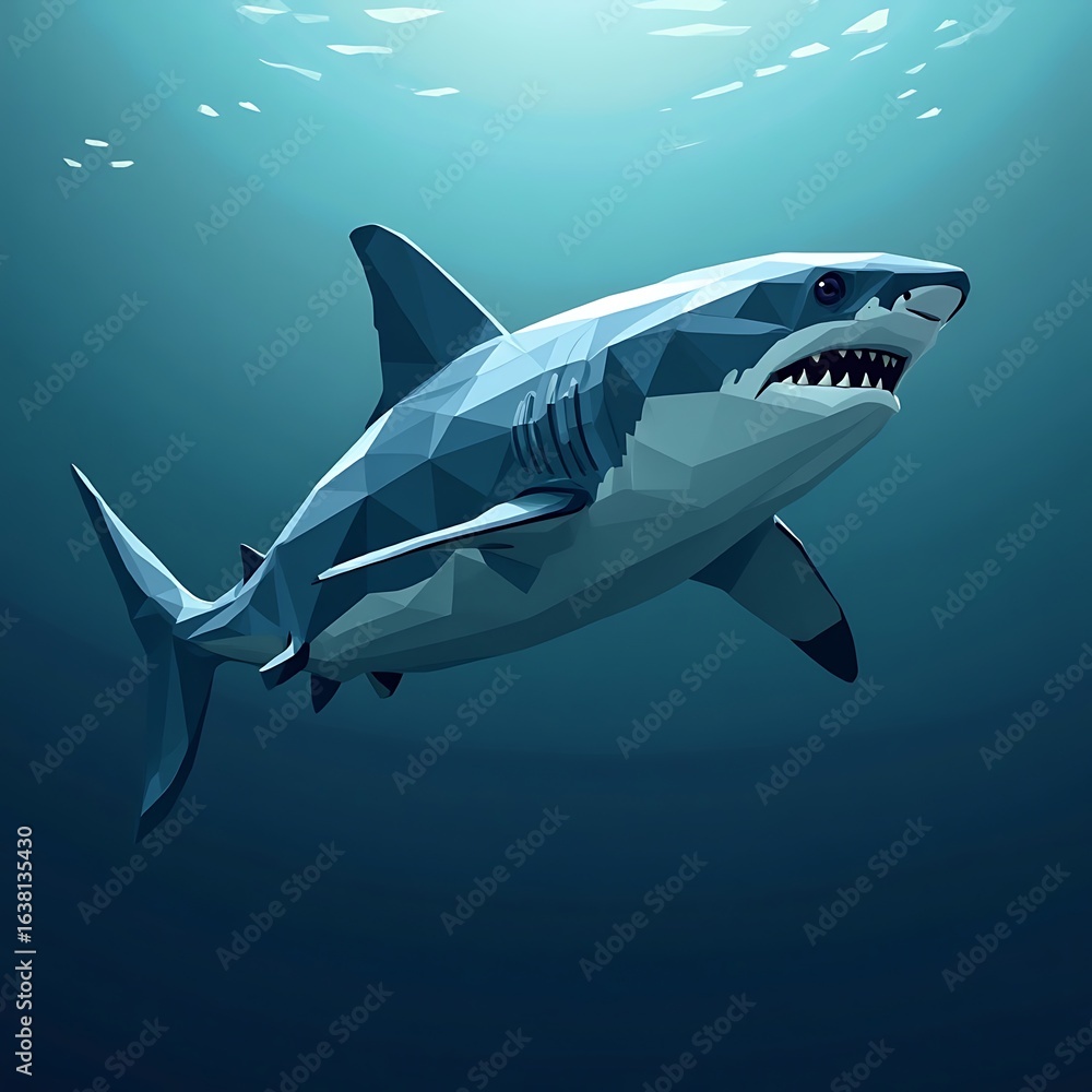 Fototapeta premium Low Poly Shark Swimming in Ocean Water Graphic Illustration