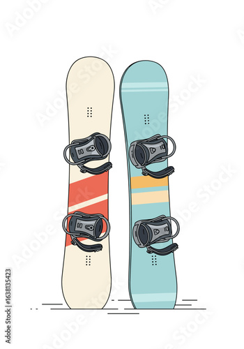 Two snowboards standing upright with bindings ready for snowboarding adventure