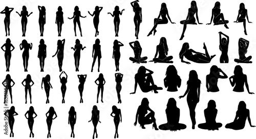 Group sexy female models in different poses standing in a row black silhouettes set collection.
