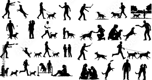 People playing with dog various activities collection set vector silhouette.
