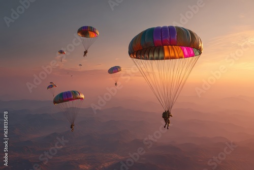 Paratroopers jumping from transport aircraft into war zone, colorful round parachutes against dawn sky.