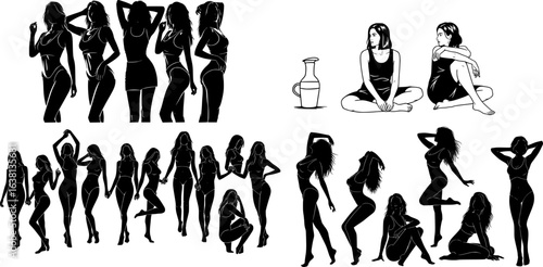 Sexy erotic woman different poses silhouette vector set.
