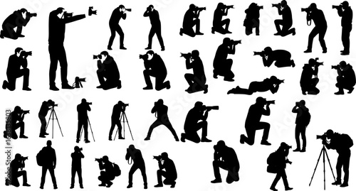 Photographers with camera various poses black silhouette set collection.
