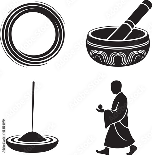 Meditation Monk Incense Bowl Tibetan Singing Bowl Zen Circle vector illustration