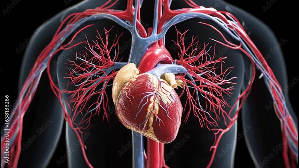 Detailed 3D illustration of human cardiovascular system, showcasing heart, arteries, and veins, emphasizing anatomical structure and function in a visually striking manner