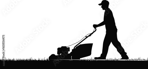 Man mowing lawn silhouette, person pushing grass cutter, garden maintenance, lawn care service, landscaping worker, outdoor gardening, yard work, vector illustration