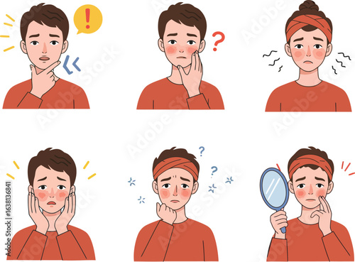 Modular character sheet featuring person in orange shirt with varied poses and expressions including confusion, reflection, surprise, and self-examination in vector style