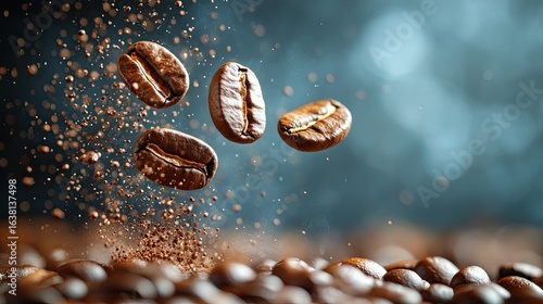 Coffee beans falling with coffee powder and steam.