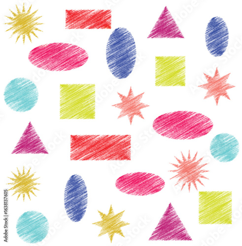 Set of simple colorful geometric shapes with crayon brush, triangle, rectangle, star, circle, square, Vector illustration