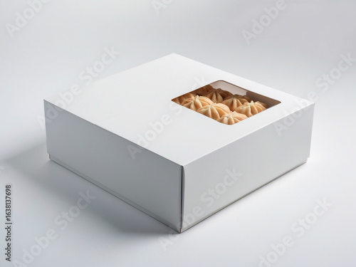 White bakery box with a window showing fresh pastries inside. Blank food packaging mockup for a cafe or bakeshop.