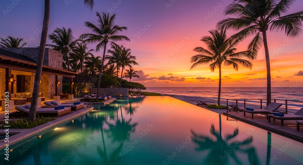 Obraz premium Stunning tropical villa with infinity pool at vibrant sunset beach
