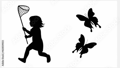 Silhouette of child running with net chasing two butterflies in a whimsical black and white illustration