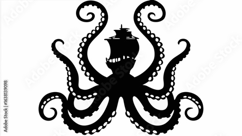 Silhouette of a ship being attacked by an octopus with tentacles in a black and white illustration style