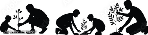 Silhouette of father and child planting tree, family gardening, environmental conservation, tree care and growth stages vector set, flat vector illustration