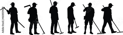Construction worker silhouettes, men holding tools, standing poses, rakes, crowbars, industrial labor, maintenance, outdoor work, black vector icons, work equipment