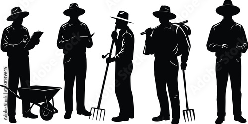 Farmer silhouettes, men with pitchfork, wheelbarrow, hat, agricultural workers, farming tools, rural life, black vector icons, agriculture, countryside labor