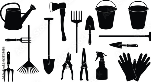 Gardening tools silhouettes, shovel, rake, watering can, buckets, gloves, pruners, trowel, spray bottle, outdoor maintenance, farming, black vector icons set