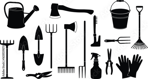 Gardening tools silhouettes, watering can, axe, bucket, shovel, rake, gloves, pruners, trowel, spray bottle, farming, outdoor maintenance, vector icons