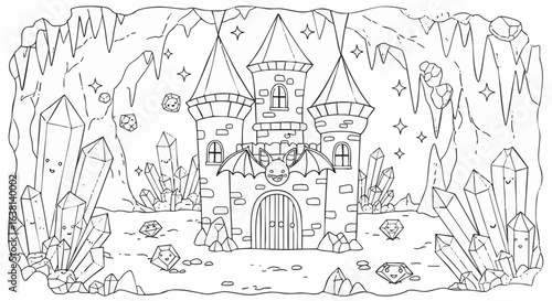 A fairytale castle with towers nestled in a magical underground cave filled with sparkling crystals and gems. Line art illustration.