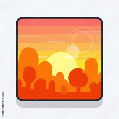 Abstract sunset landscape illustration showcasing warm hues over rolling hills under a stylized sun in a modern square design with rounded corners