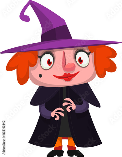 Cute cartoon witch character design. Halloween vector illustration of red haired  witch lady in big hat with a broom. 