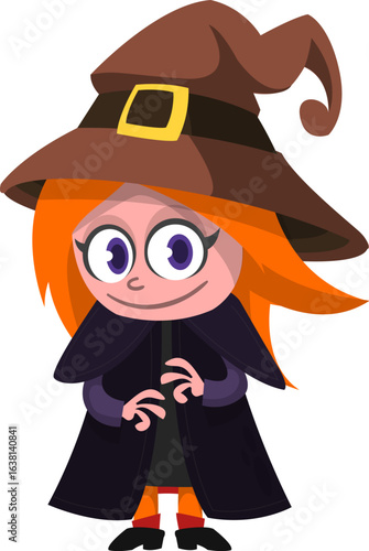 Cute cartoon witch character design. Halloween vector illustration of red haired  witch lady in big hat with a broom. 