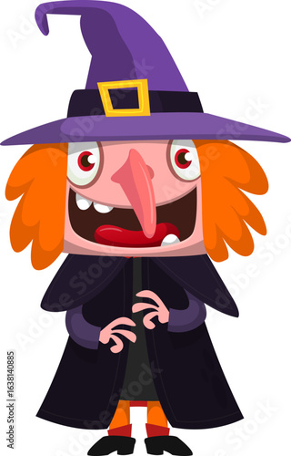Cute cartoon witch character design. Halloween vector illustration of red haired  witch lady in big hat with a broom. 