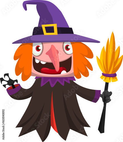 Cute cartoon witch character design. Halloween vector illustration of red haired  witch lady in big hat with a broom. 