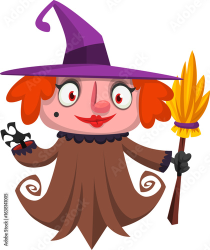 Cute cartoon witch character design. Halloween vector illustration of red haired  witch lady in big hat with a broom. 