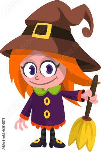 Cute cartoon witch character design. Halloween vector illustration of red haired  witch lady in big hat with a broom. 