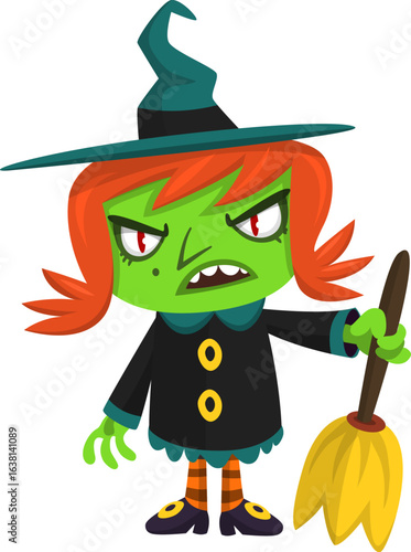 Cute cartoon witch character design. Halloween vector illustration of red haired  witch lady in big hat with a broom. 