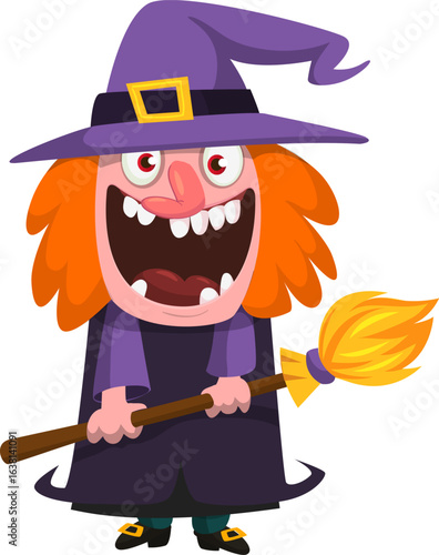 Cute cartoon witch character design. Halloween vector illustration of red haired  witch lady in big hat with a broom. 