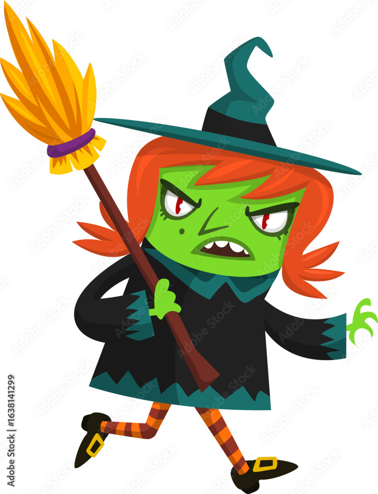 Obraz premium Cute cartoon witch character design. Halloween vector illustration of red haired witch lady in big hat with a broom. 