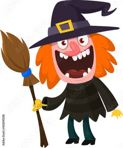Cute cartoon witch character design. Halloween vector illustration of red haired  witch lady in big hat with a broom. 