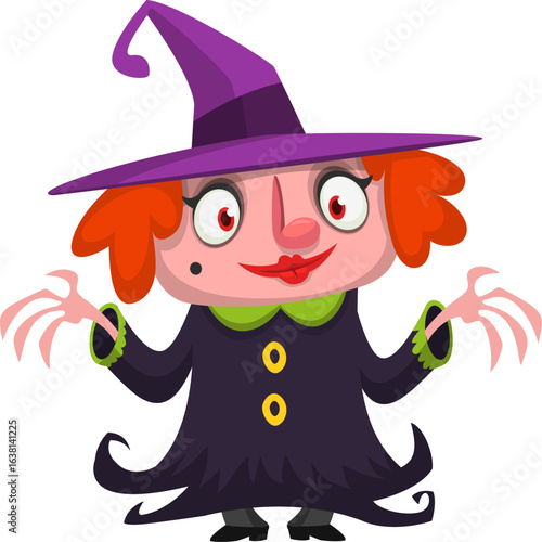 Cute cartoon witch character design. Halloween vector illustration of red haired  witch lady in big hat with a broom. 