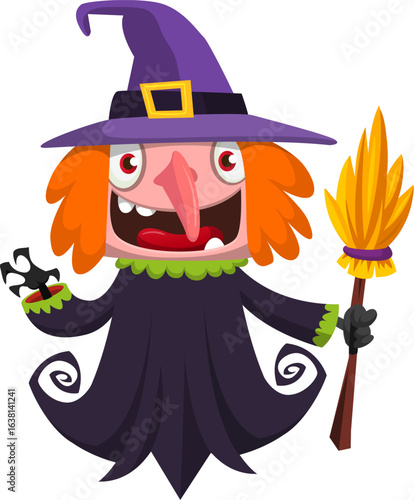Cute cartoon witch character design. Halloween vector illustration of red haired  witch lady in big hat with a broom. 