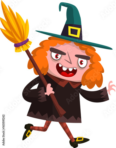 Cute cartoon witch character design. Halloween vector illustration of red haired  witch lady in big hat with a broom. 