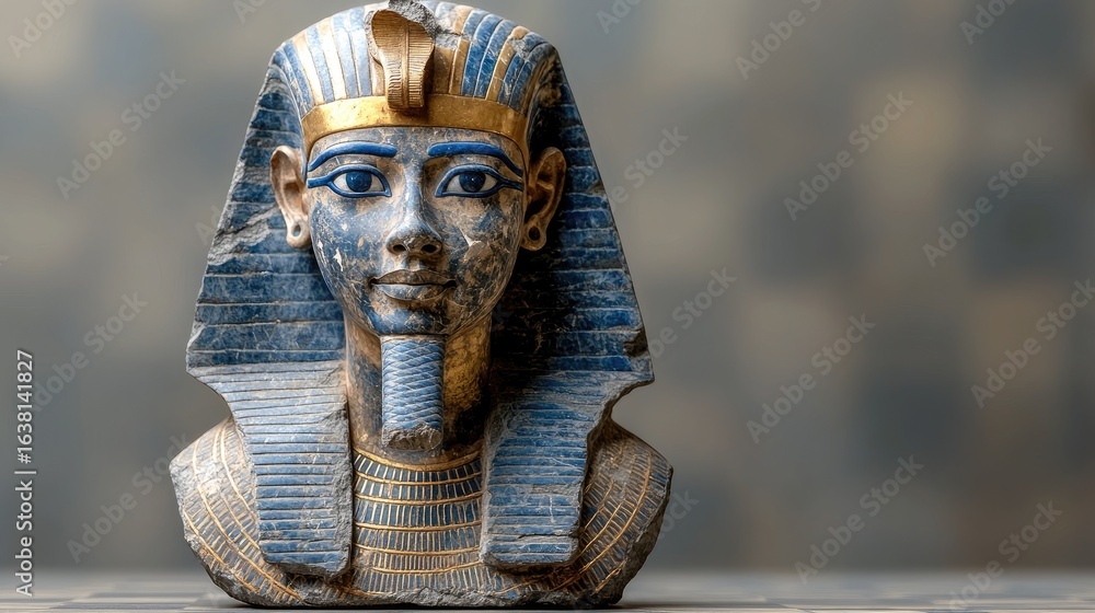 Obraz premium Close-up of a blue and gold ancient Egyptian pharaoh bust statue.