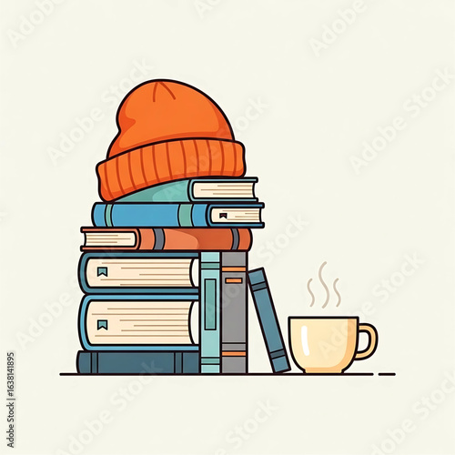 Inviting illustration capturing the essence of cozy relaxation with stacked books, a warm beanie, and a comforting cup creating a scene of peacefulness