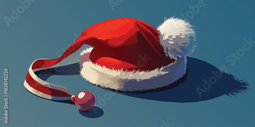 A single red santa hat with a white pompom and brim casting a shadow