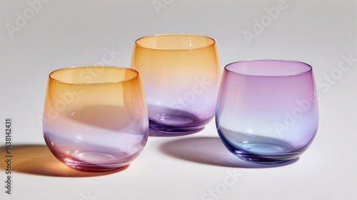 A trio of smoothie glasses in gradient colors from light orange to purple placed on white