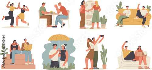 Modern flat illustration of friends spending time together, social interaction scenes, friendship activities, bonding moments, communication, fun, connection