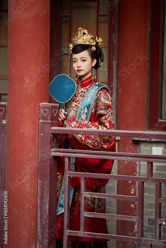 An Eastern bride dressed in traditional Ming Dynasty Hanfu wedding attire