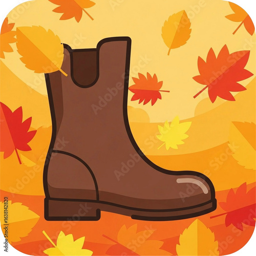 Autumnal Footwear: A whimsical celebration of fall colors and seasonal style presented through a playful graphic illustration showcasing a brown boot amidst scattered leaves
