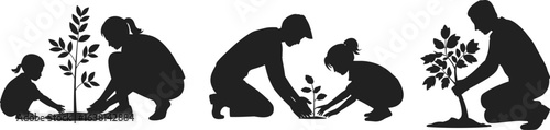 Silhouette of family planting trees together, environmental care and nature conservation, teamwork for green earth, black and white flat vector illustration