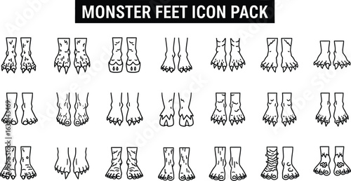 Monster feet icon pack featuring various creature foot designs in black lines